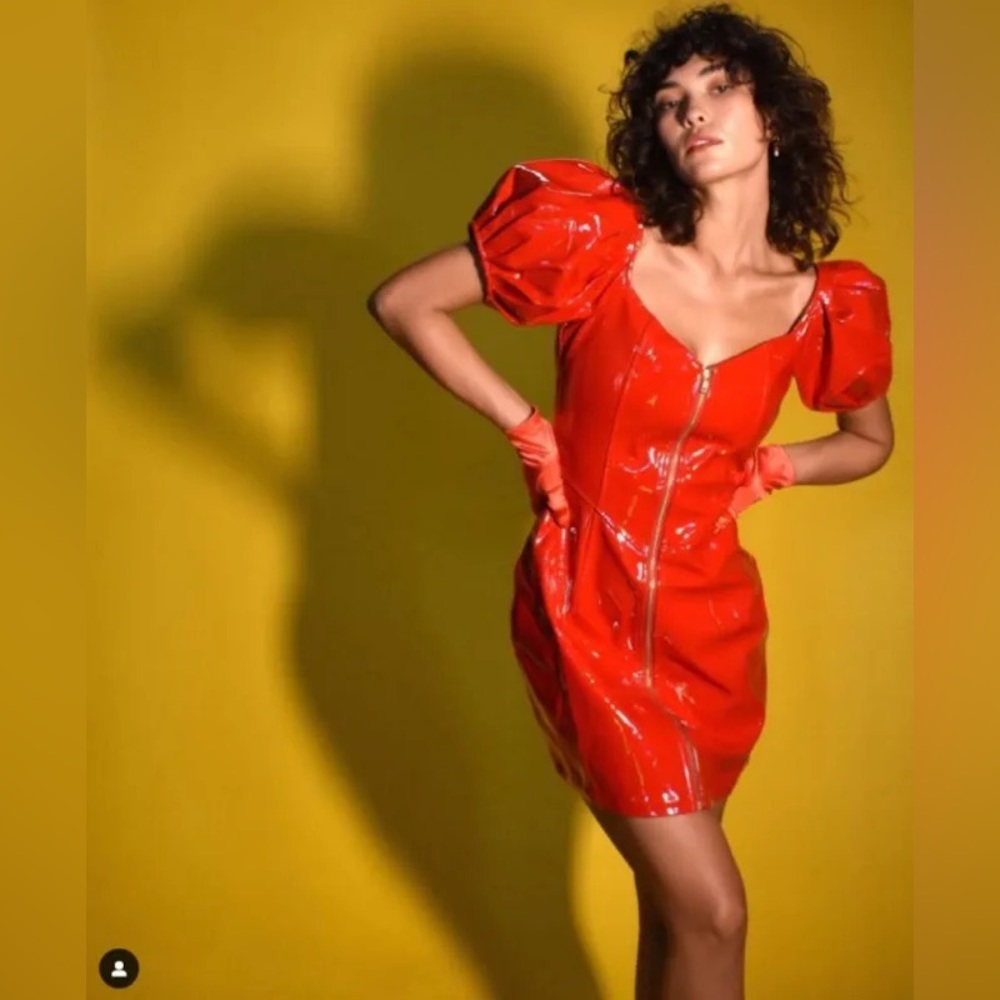 Fashion Brand Company red vinyl pvc dress zip front pouf sleeves